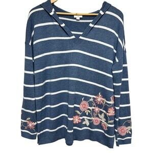 J Jill Striped Embroidered Hoodie Sweater Womens M‎ Floral Lightweight Relaxed